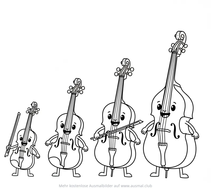 Streichquartett Ausmalbild mit Geige, Bratsche, Cello und Kontrabass
