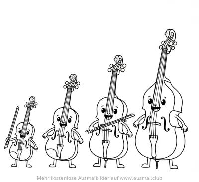 Streichquartett Ausmalbild mit Geige, Bratsche, Cello und Kontrabass