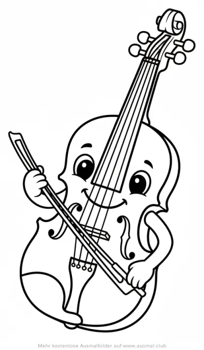Lustige Geige mit Gesicht und Bogen Ausmalbild