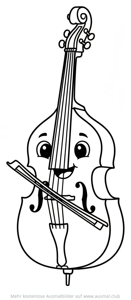 Kontrabass Ausmalbild mit freundlichem Gesicht