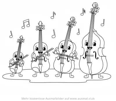 Streichquartett mit Geige, Bratsche, Cello und Kontrabass Ausmalbild
