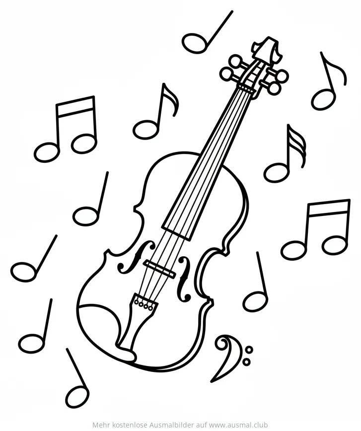 Geige Ausmalbild umgeben von Noten