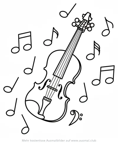 Geige Ausmalbild umgeben von Noten