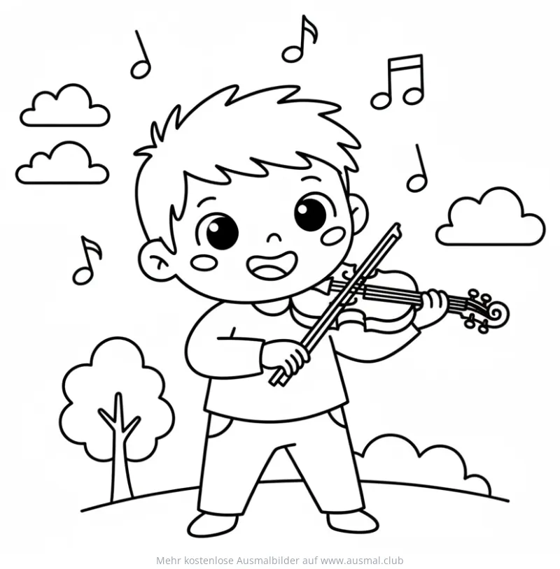 Junge spielt Geige Ausmalbild mit Noten und Wolken