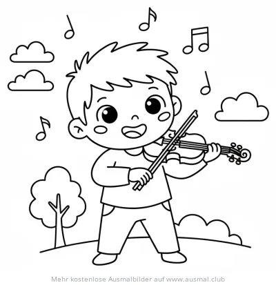 Junge spielt Geige Ausmalbild mit Noten und Wolken
