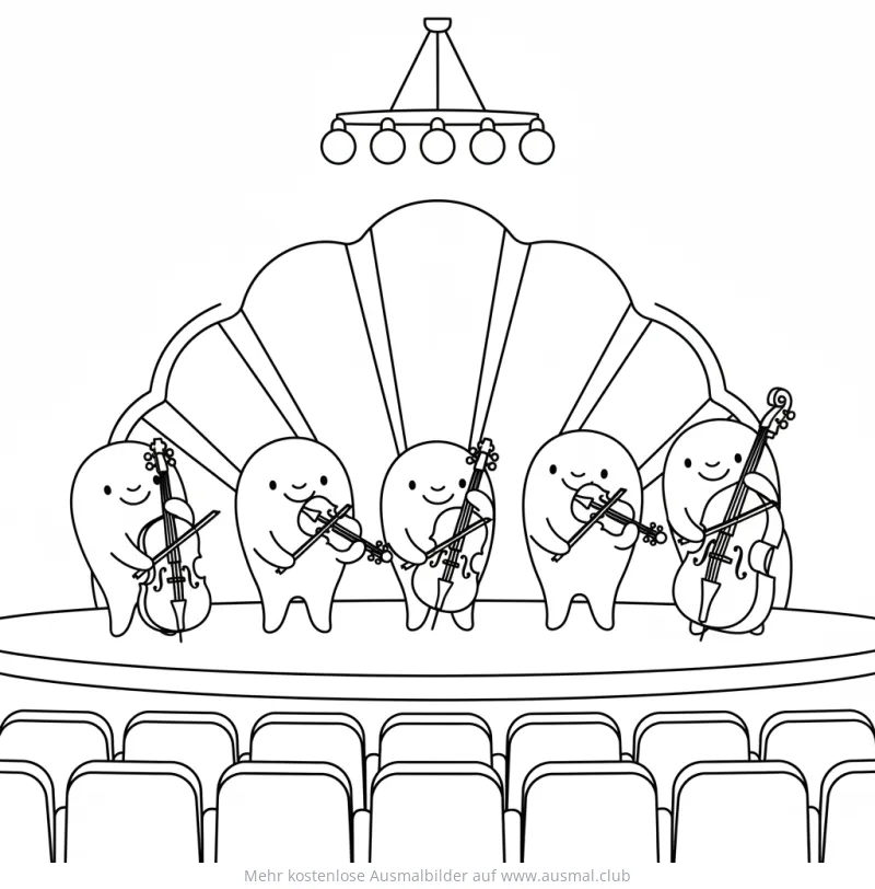 Geige spielendes Orchester Ausmalbild im Konzertsaal