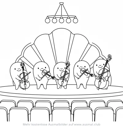 Geige spielendes Orchester Ausmalbild im Konzertsaal