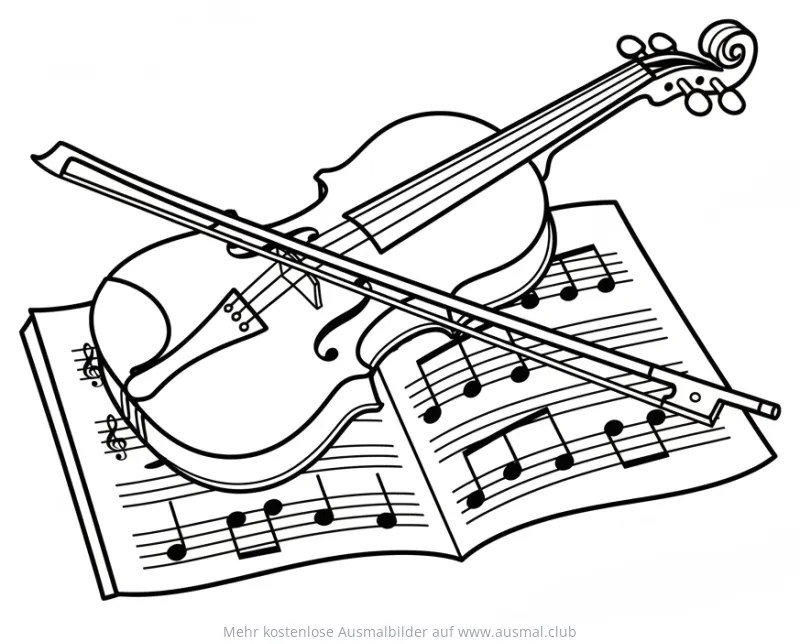 Geige mit Bogen auf Notenblatt Ausmalbild