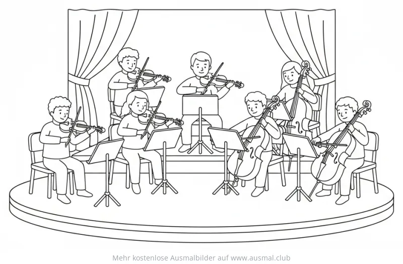 Orchester mit Geigen und Cellos Ausmalbild