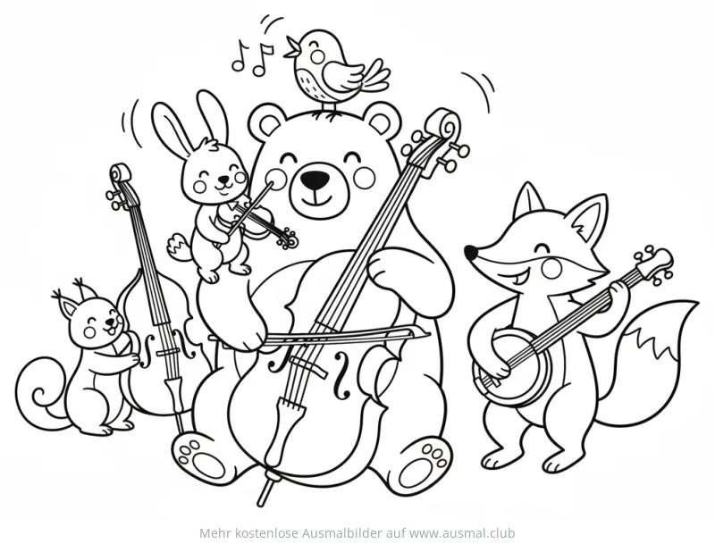 Tierband mit Bär, Hase, Fuchs und Eichhörnchen als Ausmalbild