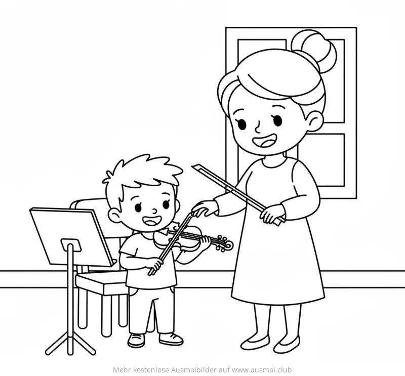Geige lernender Junge mit Lehrerin Ausmalbild