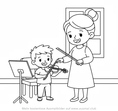 Geige lernender Junge mit Lehrerin Ausmalbild