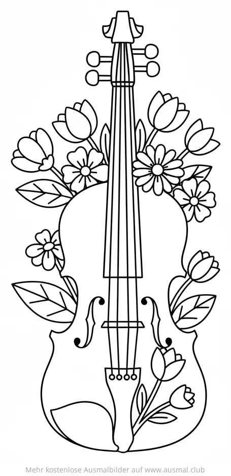 Geige Ausmalbild umrankt mit Blumen