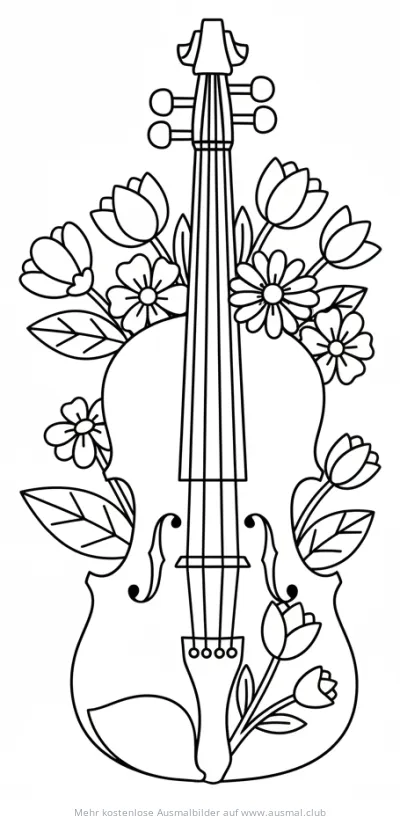 Geige Ausmalbild umrankt mit Blumen