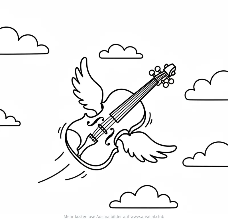 Fliegende Geige mit Flügeln Ausmalbild vor Wolken