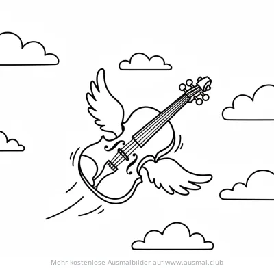 Fliegende Geige mit Flügeln Ausmalbild vor Wolken