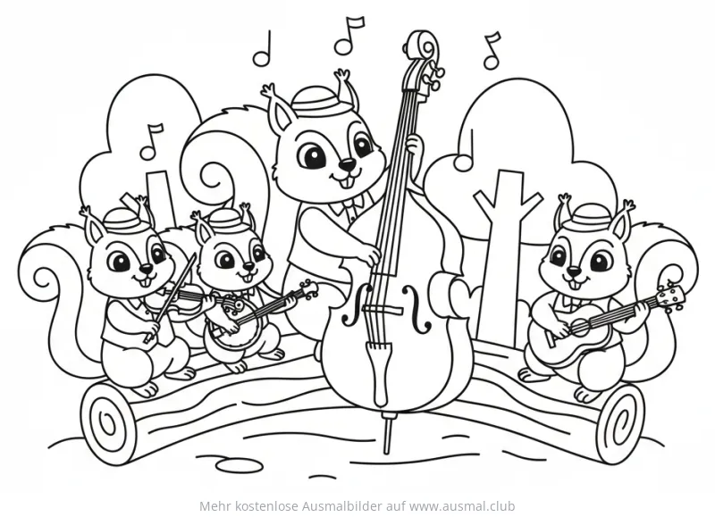 Eichhörnchen Band mit Geige, Banjo, Gitarre und Kontrabass Ausmalbild