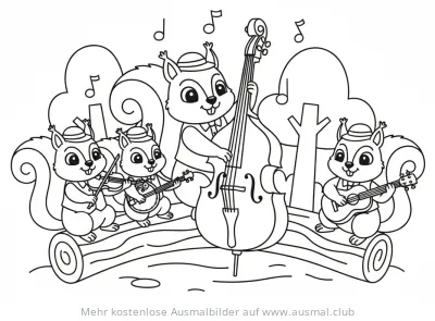 Eichhörnchen Band mit Geige, Banjo, Gitarre und Kontrabass Ausmalbild