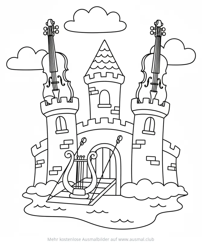 Geige Schloss Ausmalbild mit Harfe