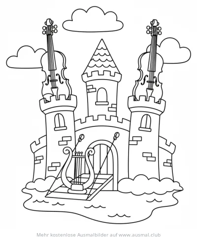 Geige Schloss Ausmalbild mit Harfe