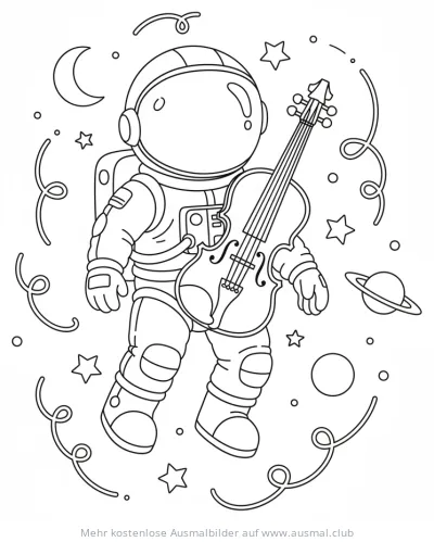 Astronaut mit Geige im Weltraum Ausmalbild