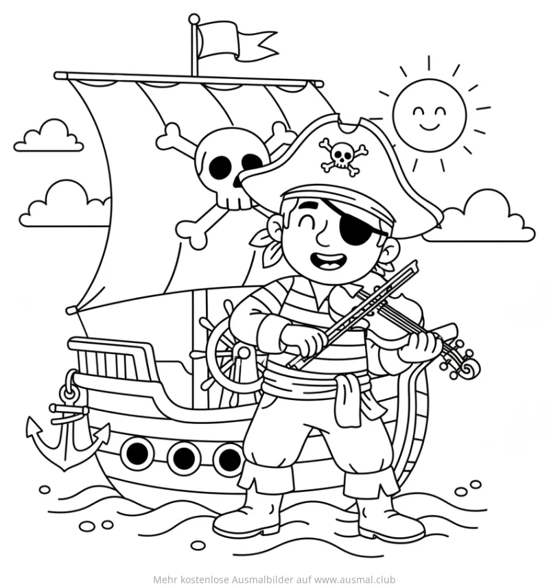 Pirat spielt Geige vor Piratenschiff Ausmalbild