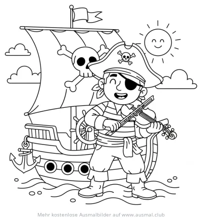 Pirat spielt Geige vor Piratenschiff Ausmalbild