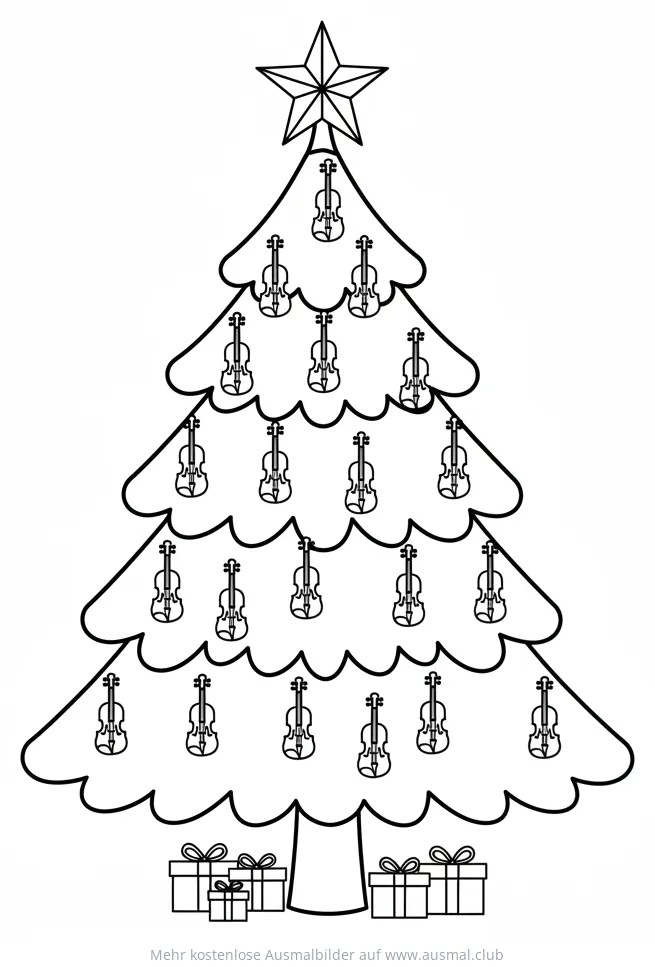Weihnachtsbaum mit Geigen als Schmuck Ausmalbild