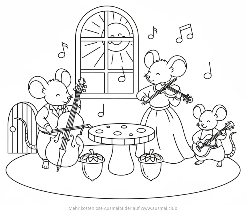 Geige spielende Mäuse Familie mit Cello, Geige und Gitarre Ausmalbild