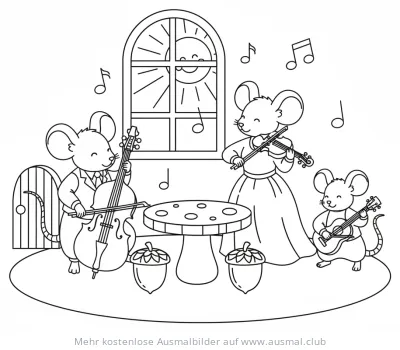 Geige spielende Mäuse Familie mit Cello, Geige und Gitarre Ausmalbild