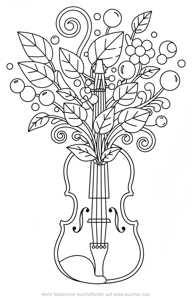 Geige mit floralem Bouquet Ausmalbild
