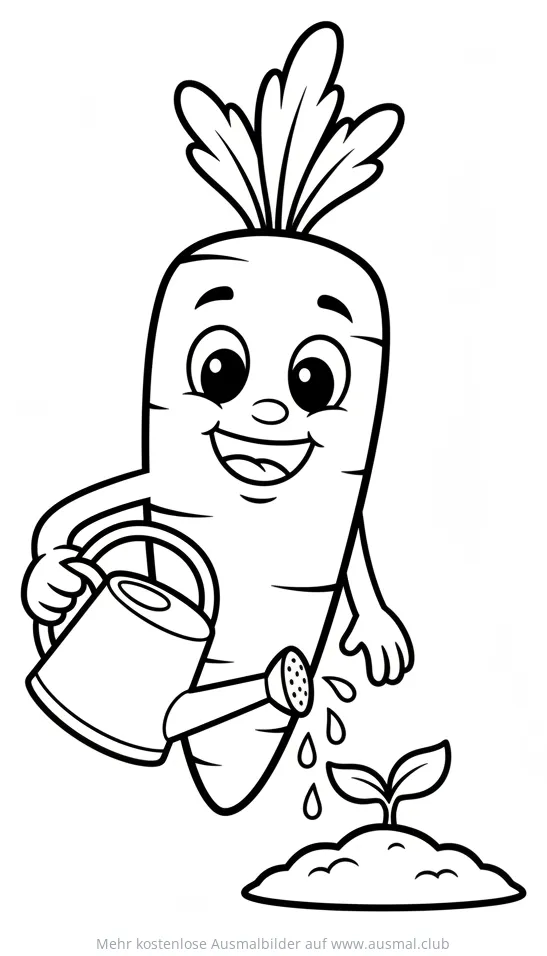 Freundliche Karotte bewässert Pflänzchen mit Gießkanne Ausmalbild