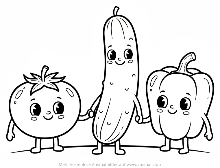 Tomate, Gurke und Paprika Ausmalbild als Gruppe