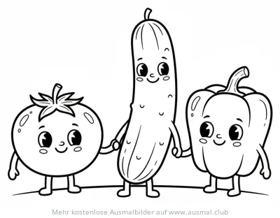 Tomate, Gurke und Paprika Ausmalbild als Gruppe