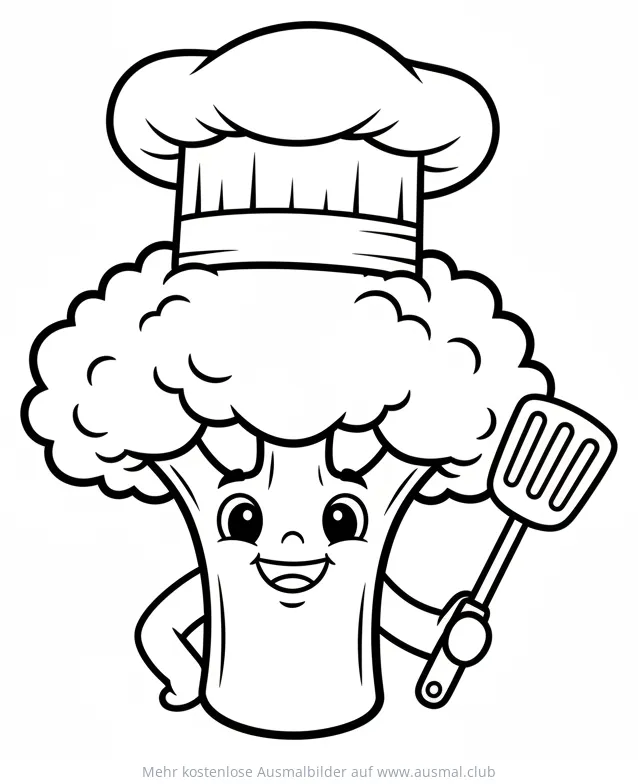 Fröhlicher Brokkoli mit Kochmütze und Pfannenwender Ausmalbild