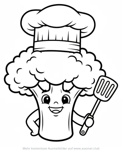Fröhlicher Brokkoli mit Kochmütze und Pfannenwender Ausmalbild