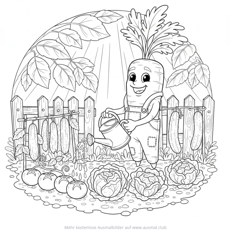 Freundliche Karotte gießt Gemüse im Garten Ausmalbild