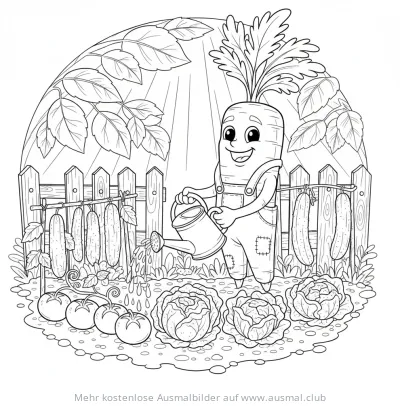 Freundliche Karotte gießt Gemüse im Garten Ausmalbild