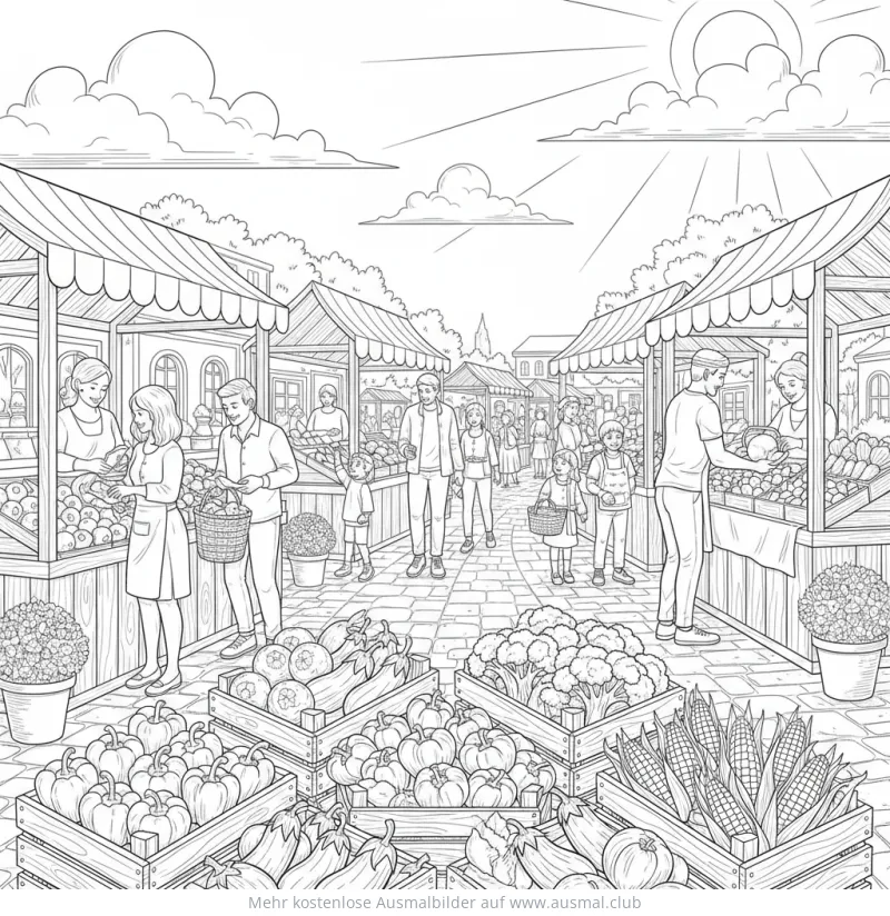 Bauernmarkt mit Gemüse Ausmalbild