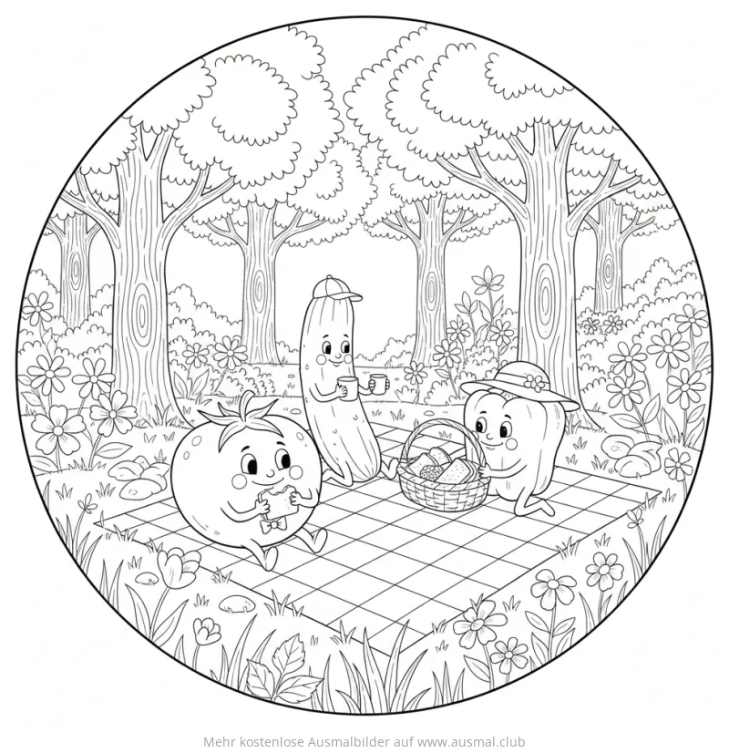 Gemüse Picknick Ausmalbild mit Tomate, Gurke und Paprika