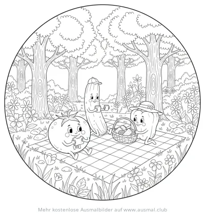 Gemüse Picknick Ausmalbild mit Tomate, Gurke und Paprika