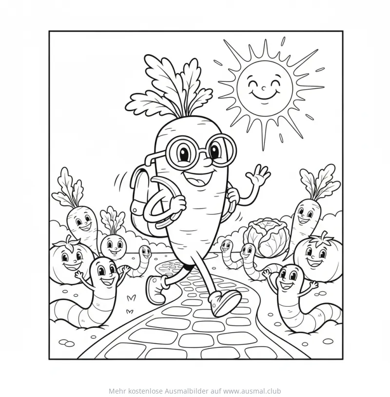 Fröhliche Karotte mit Rucksack Ausmalbild