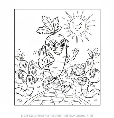 Fröhliche Karotte mit Rucksack Ausmalbild