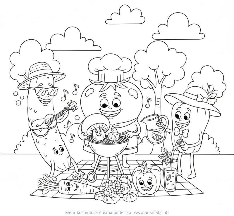 Fröhliches Gemüse Picknick Ausmalbild