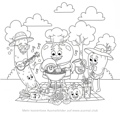 Fröhliches Gemüse Picknick Ausmalbild