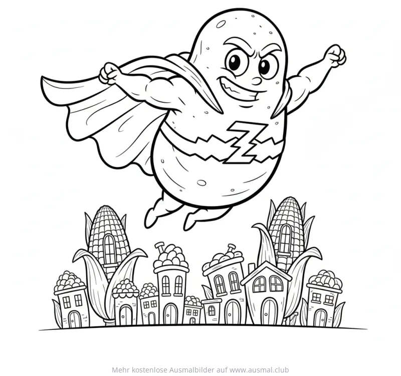 Kartoffel Superheld fliegt über Stadt mit Maiskolben Ausmalbild
