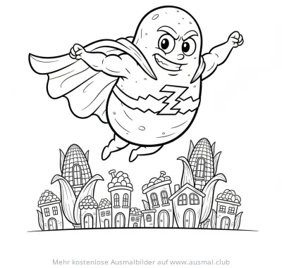 Kartoffel Superheld fliegt über Stadt mit Maiskolben Ausmalbild