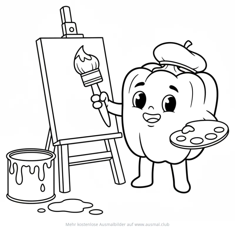 Paprika als Künstler mit Staffelei Ausmalbild