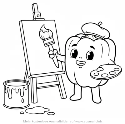 Paprika als Künstler mit Staffelei Ausmalbild