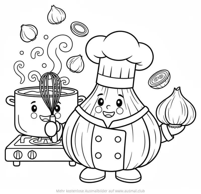 Knoblauch als Koch mit Topf und Schneebesen Ausmalbild